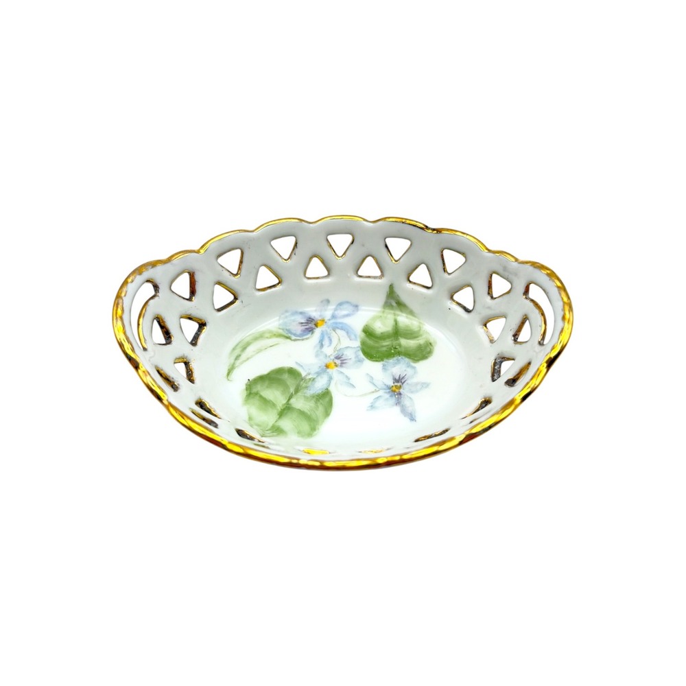Vintage Hand Painted Hamilton Porcelain Lattice Trinket Dish Violets Gold Trim